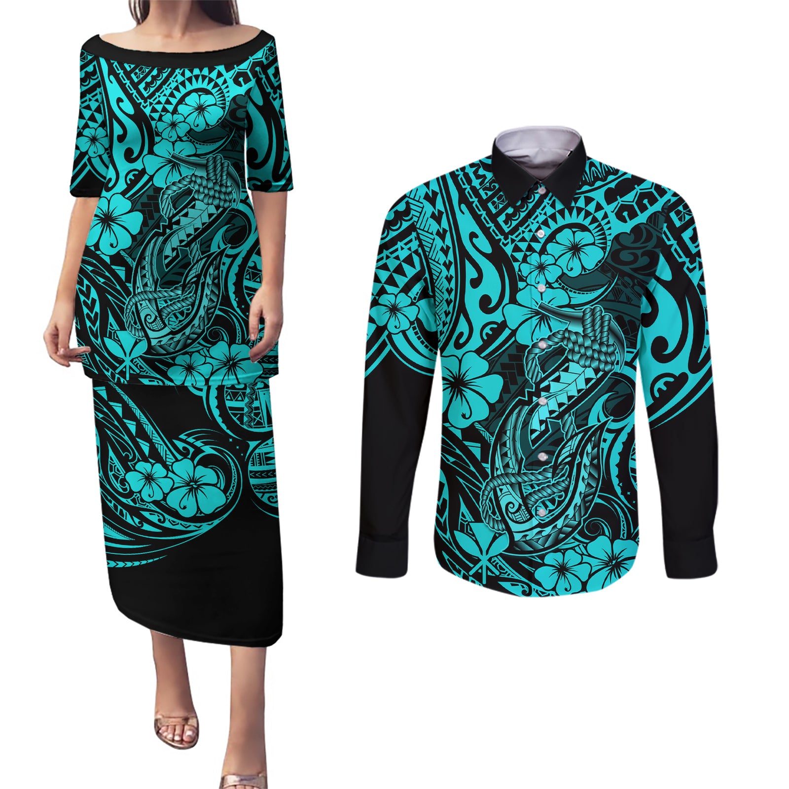 Hawaii Fish Hook Couples Matching Puletasi Dress and Long Sleeve Button Shirts Hibiscus Hawaii Tribal Tattoo Turquoise Version LT01 Turquoise - Polynesian Pride