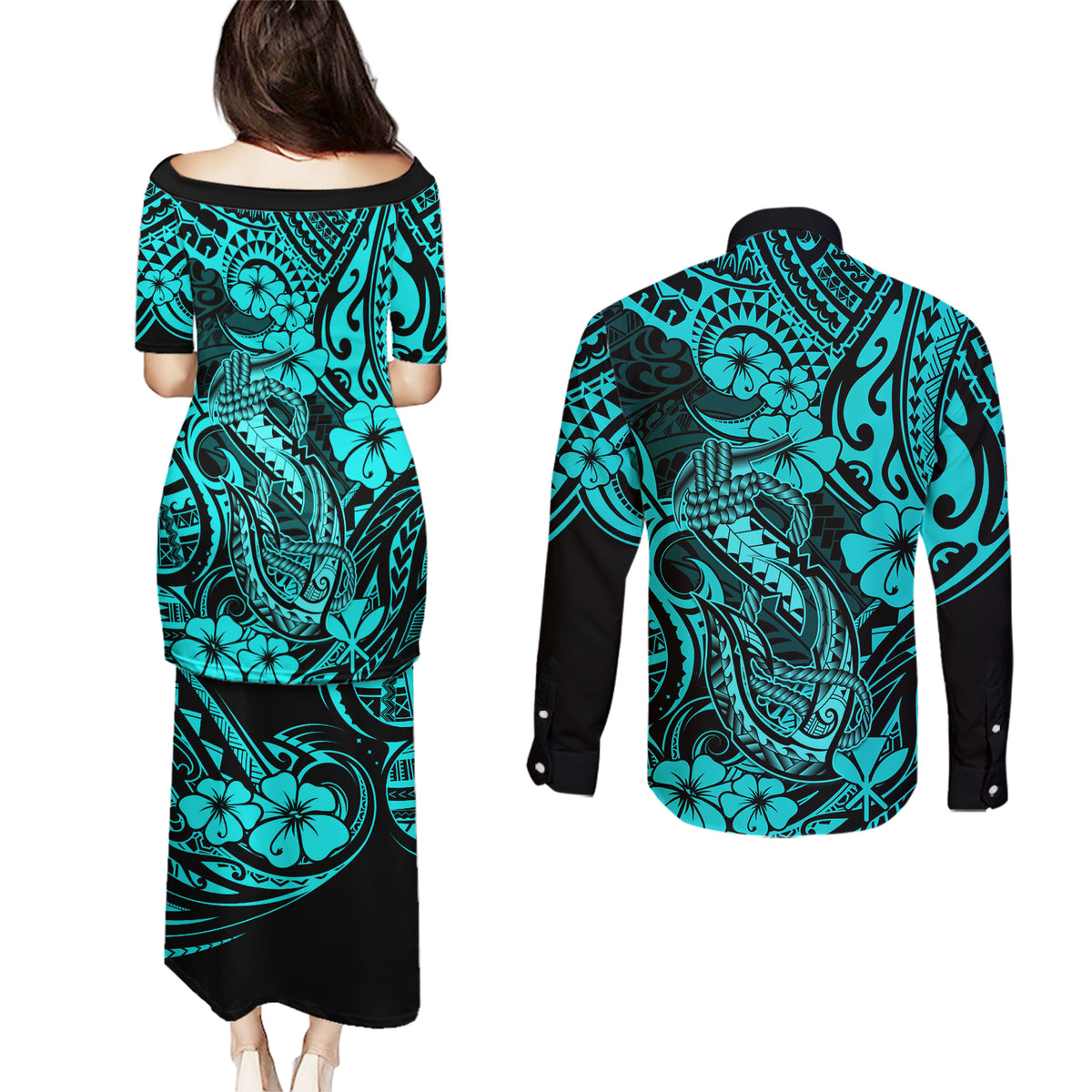 Hawaii Fish Hook Couples Matching Puletasi Dress and Long Sleeve Button Shirts Hibiscus Hawaii Tribal Tattoo Turquoise Version LT01 - Polynesian Pride