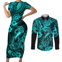 Hawaii Fish Hook Couples Matching Short Sleeve Bodycon Dress and Long Sleeve Button Shirts Hibiscus Hawaii Tribal Tattoo Turquoise Version LT01 Turquoise - Polynesian Pride