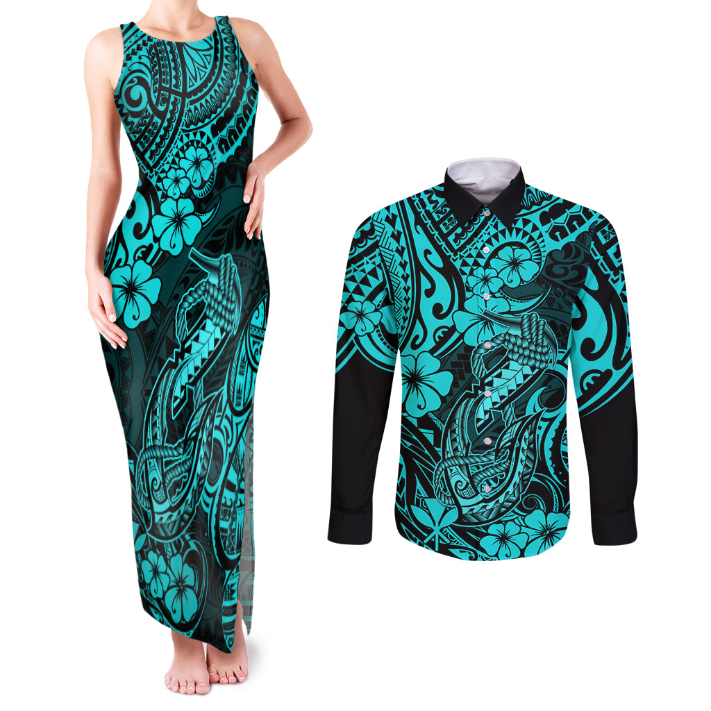 Hawaii Fish Hook Couples Matching Tank Maxi Dress and Long Sleeve Button Shirts Hibiscus Hawaii Tribal Tattoo Turquoise Version LT01 Turquoise - Polynesian Pride