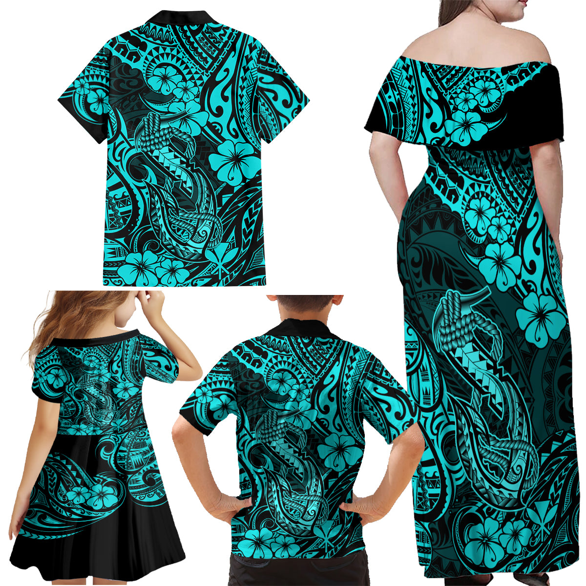 Hawaii Fish Hook Family Matching Off Shoulder Maxi Dress and Hawaiian Shirt Hibiscus Hawaii Tribal Tattoo Turquoise Version LT01 - Polynesian Pride