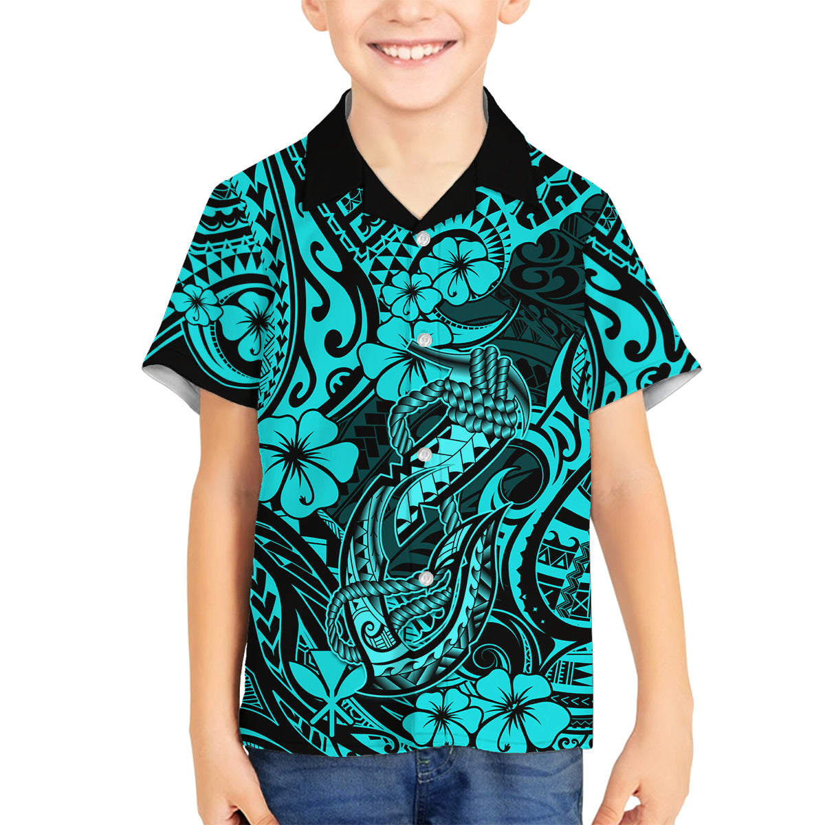 Hawaii Fish Hook Family Matching Off Shoulder Maxi Dress and Hawaiian Shirt Hibiscus Hawaii Tribal Tattoo Turquoise Version LT01 Son's Shirt Turquoise - Polynesian Pride