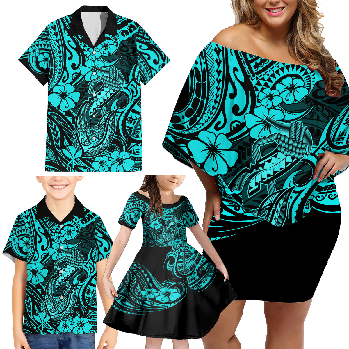 Hawaii Fish Hook Family Matching Off Shoulder Short Dress and Hawaiian Shirt Hibiscus Hawaii Tribal Tattoo Turquoise Version LT01 - Polynesian Pride