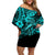 Hawaii Fish Hook Family Matching Off Shoulder Short Dress and Hawaiian Shirt Hibiscus Hawaii Tribal Tattoo Turquoise Version LT01 Mom's Dress Turquoise - Polynesian Pride