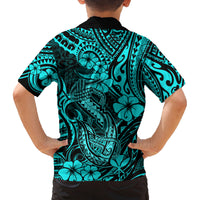 Hawaii Fish Hook Family Matching Puletasi Dress and Hawaiian Shirt Hibiscus Hawaii Tribal Tattoo Turquoise Version LT01 - Polynesian Pride