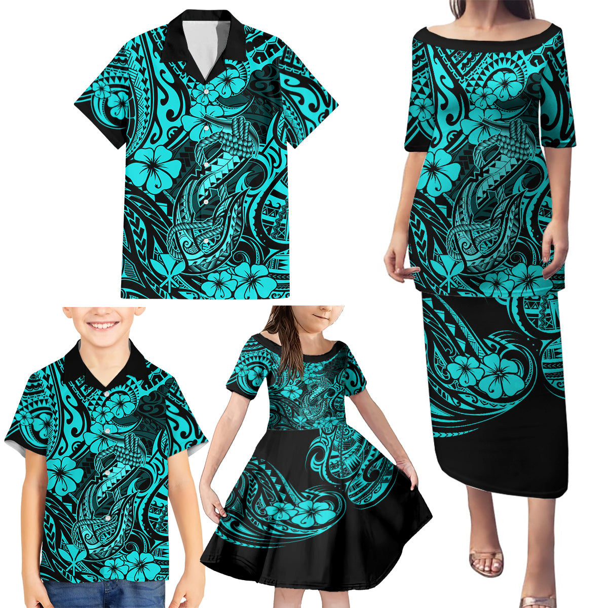 Hawaii Fish Hook Family Matching Puletasi Dress and Hawaiian Shirt Hibiscus Hawaii Tribal Tattoo Turquoise Version LT01 - Polynesian Pride