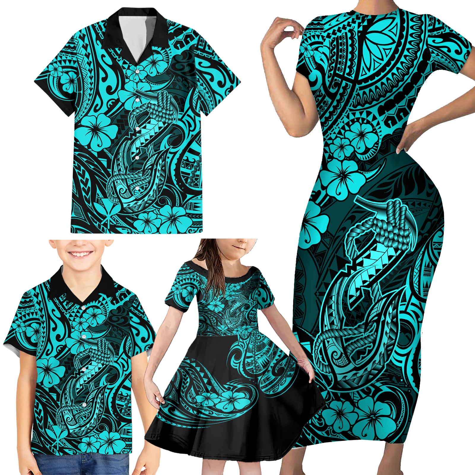 Hawaii Fish Hook Family Matching Short Sleeve Bodycon Dress and Hawaiian Shirt Hibiscus Hawaii Tribal Tattoo Turquoise Version LT01 - Polynesian Pride