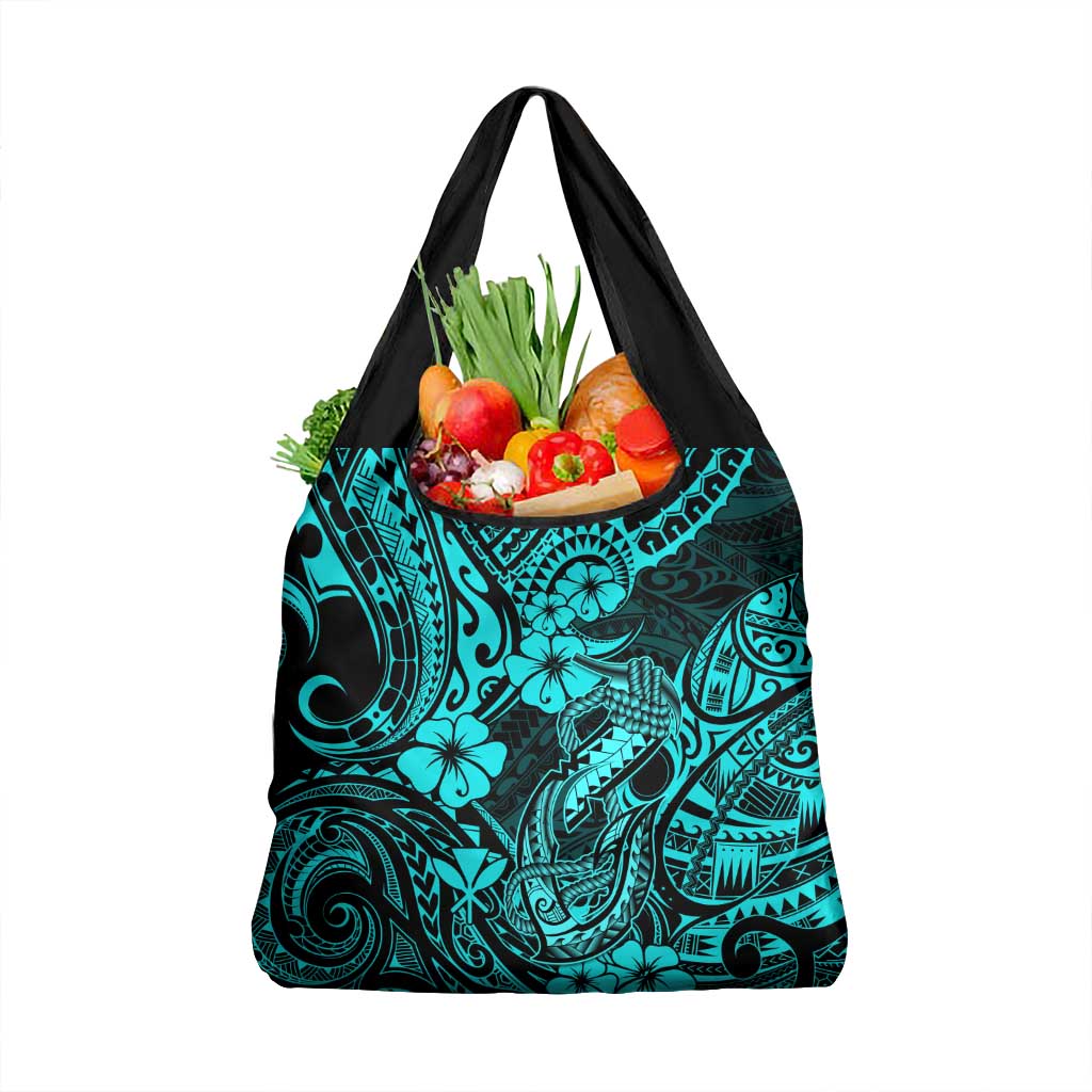 Hawaii Fish Hook Grocery Bag Hibiscus Hawaii Tribal Tattoo Turquoise Version LT01 1-pack One Size Turquoise - Polynesian Pride