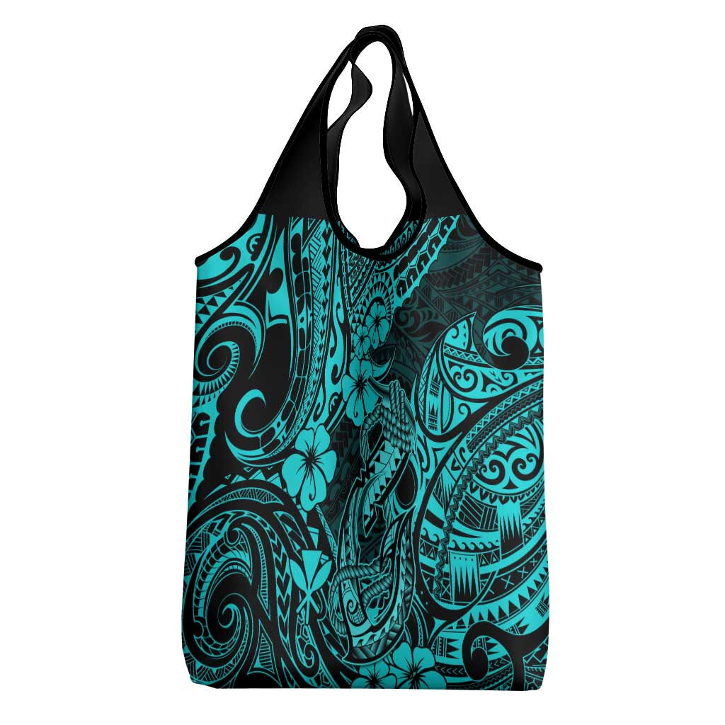 Hawaii Fish Hook Grocery Bag Hibiscus Hawaii Tribal Tattoo Turquoise Version LT01 - Polynesian Pride