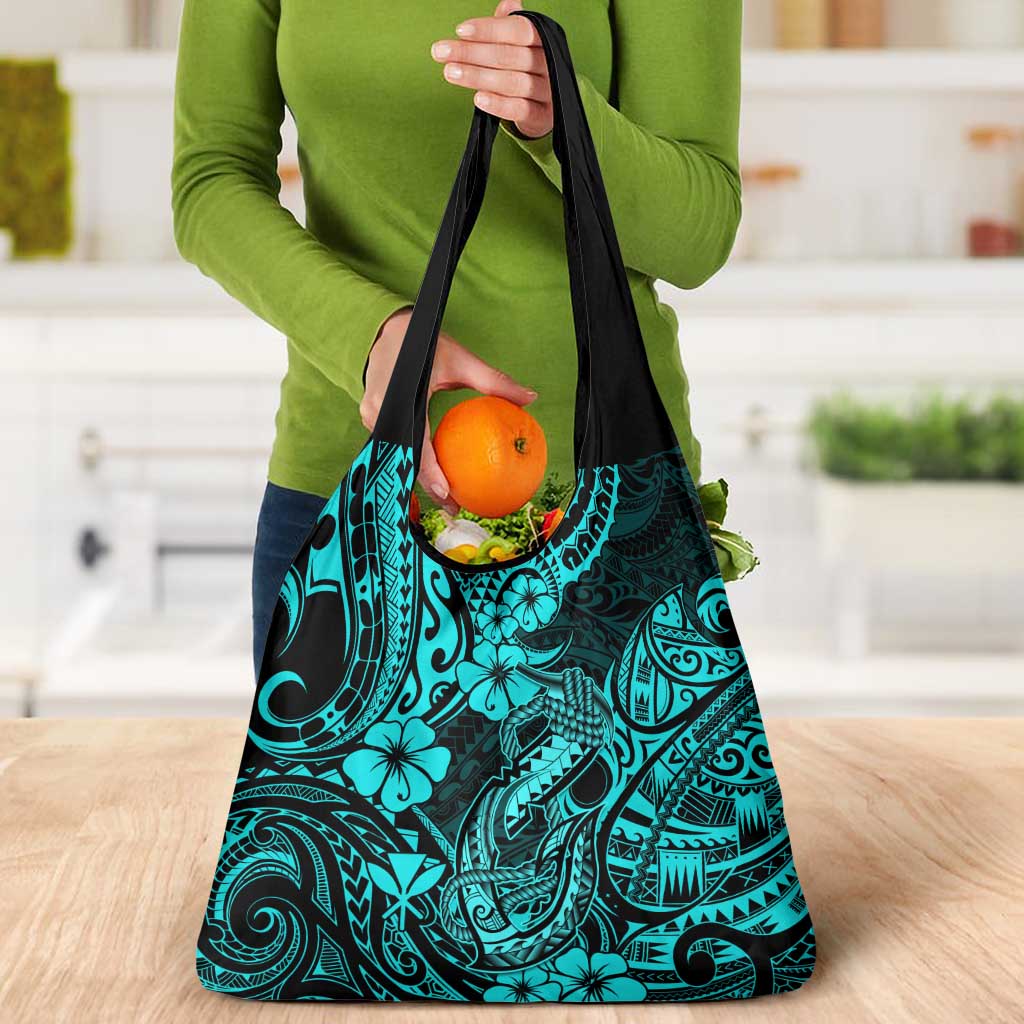 Hawaii Fish Hook Grocery Bag Hibiscus Hawaii Tribal Tattoo Turquoise Version LT01 - Polynesian Pride