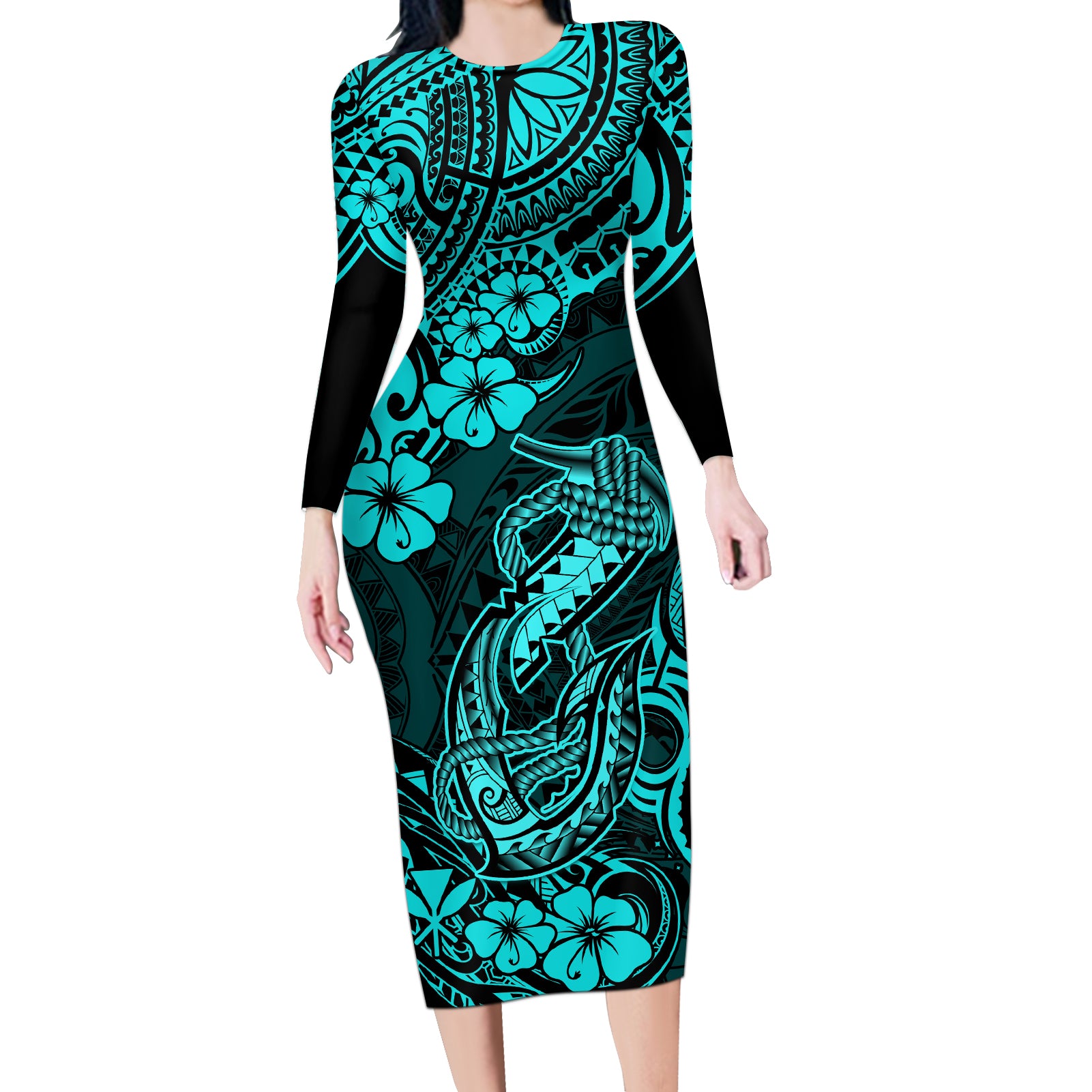 Hawaii Fish Hook Long Sleeve Bodycon Dress Hibiscus Hawaii Tribal Tattoo Turquoise Version LT01 Long Dress Turquoise - Polynesian Pride