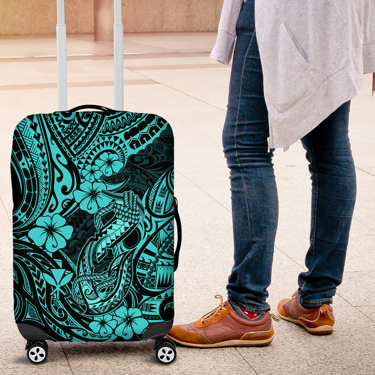 Hawaii Fish Hook Luggage Cover Hibiscus Hawaii Tribal Tattoo Turquoise Version LT01 Turquoise - Polynesian Pride