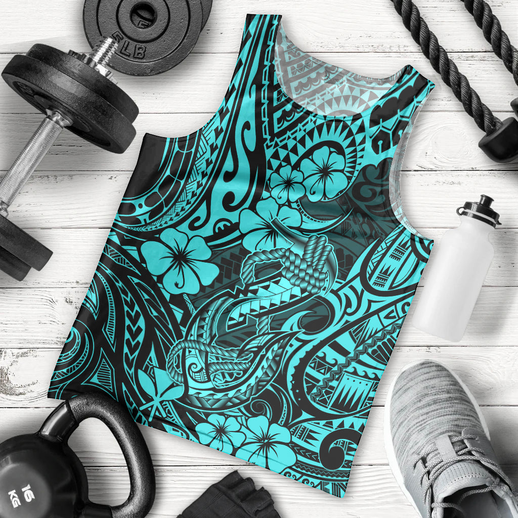 Hawaii Fish Hook Men Tank Top Hibiscus Hawaii Tribal Tattoo Turquoise Version LT01 Turquoise - Polynesian Pride