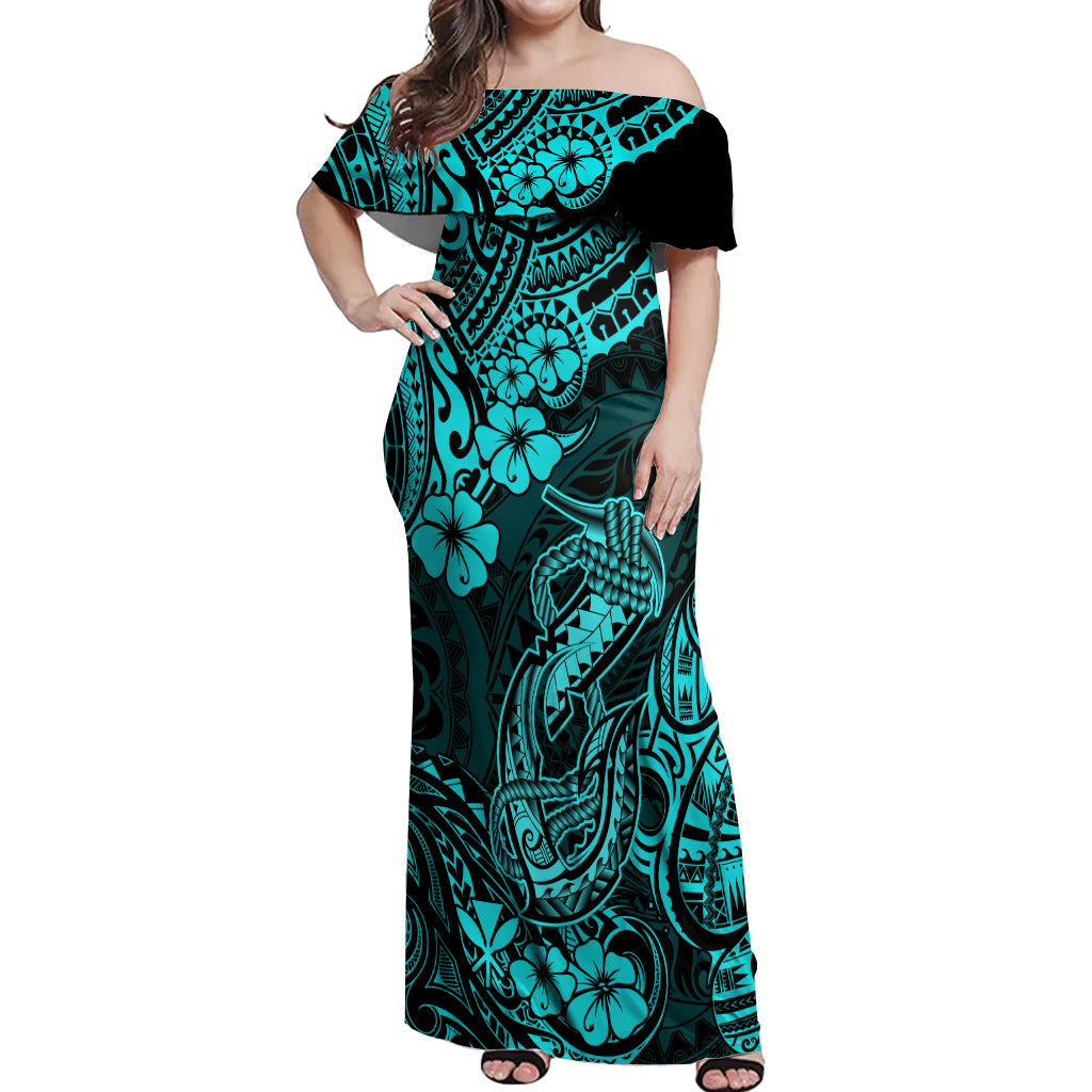 Hawaii Fish Hook Off Shoulder Maxi Dress Hibiscus Hawaii Tribal Tattoo Turquoise Version LT01 Women Turquoise - Polynesian Pride