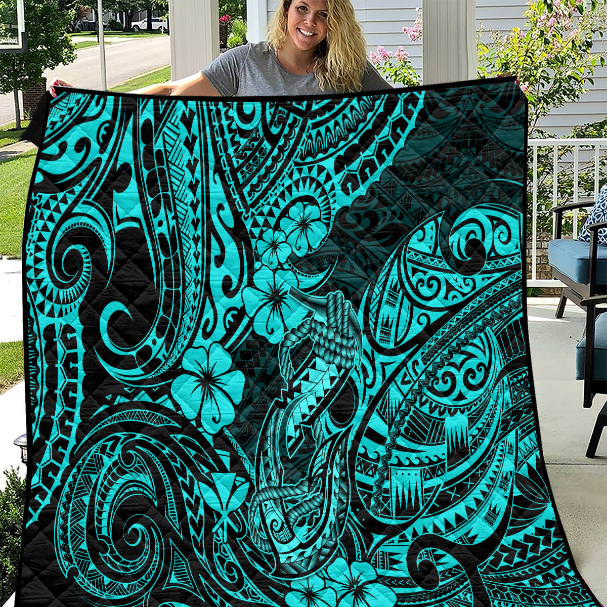 Hawaii Fish Hook Quilt Hibiscus Hawaii Tribal Tattoo Turquoise Version LT01 Turquoise - Polynesian Pride