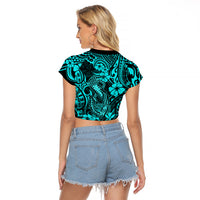 Hawaii Fish Hook Raglan Cropped T Shirt Hibiscus Hawaii Tribal Tattoo Turquoise Version LT01 - Polynesian Pride