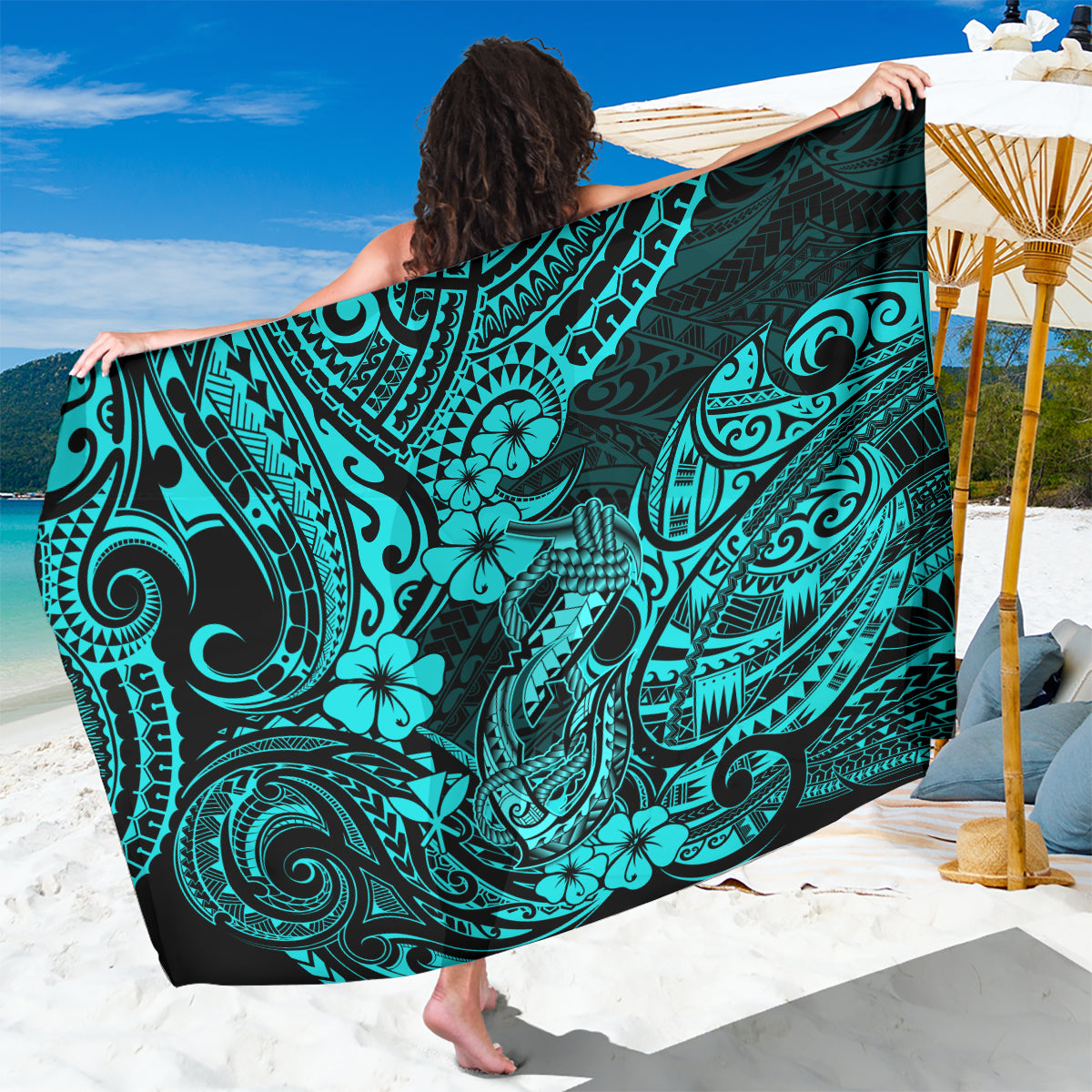 Hawaii Fish Hook Sarong Hibiscus Hawaii Tribal Tattoo Turquoise Version LT01 One Size 44 x 66 inches Turquoise - Polynesian Pride