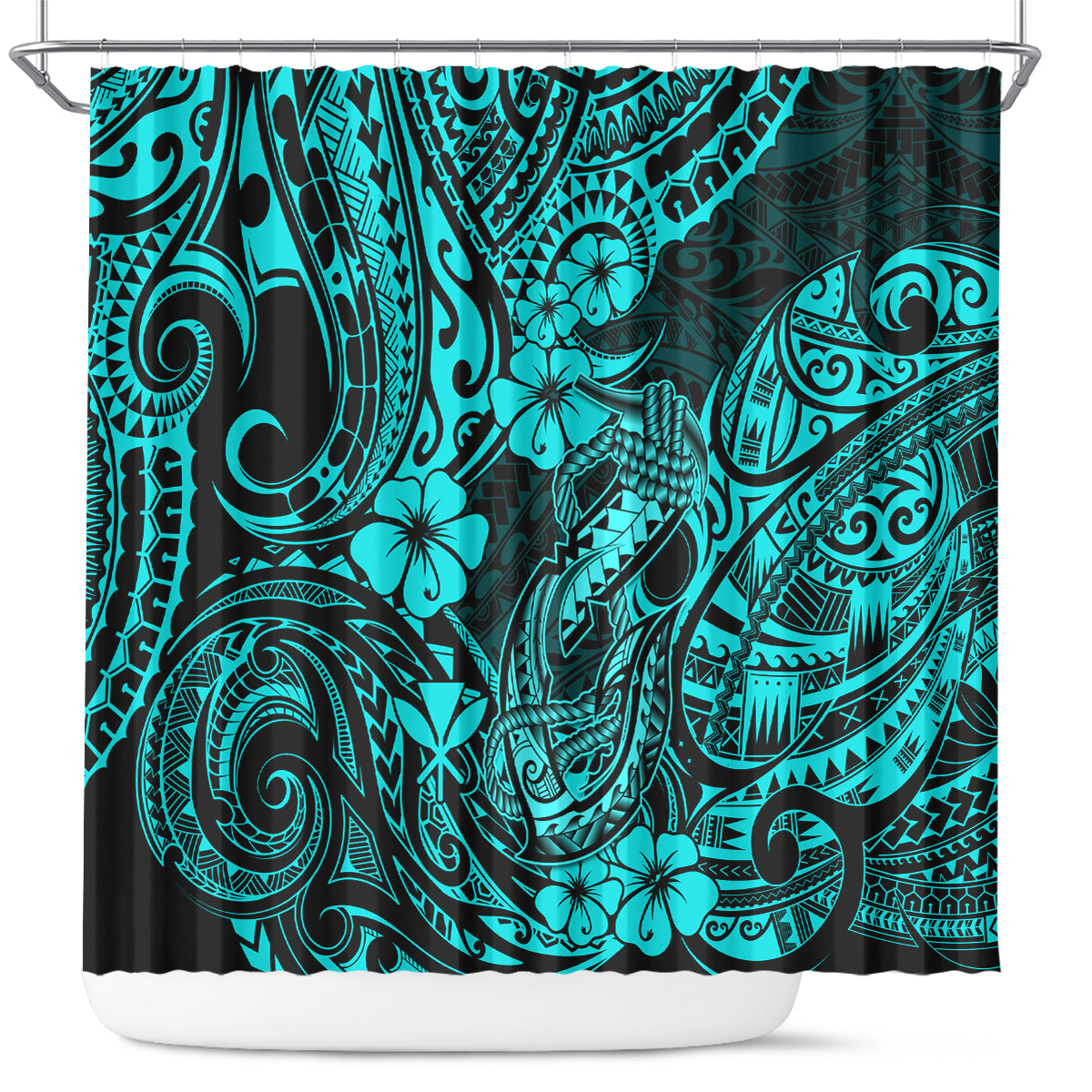 Hawaii Fish Hook Shower Curtain Hibiscus Hawaii Tribal Tattoo Turquoise Version LT01 Turquoise - Polynesian Pride