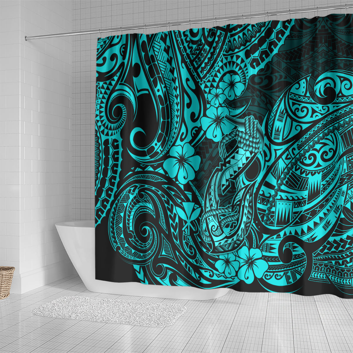 Hawaii Fish Hook Shower Curtain Hibiscus Hawaii Tribal Tattoo Turquoise Version LT01 - Polynesian Pride