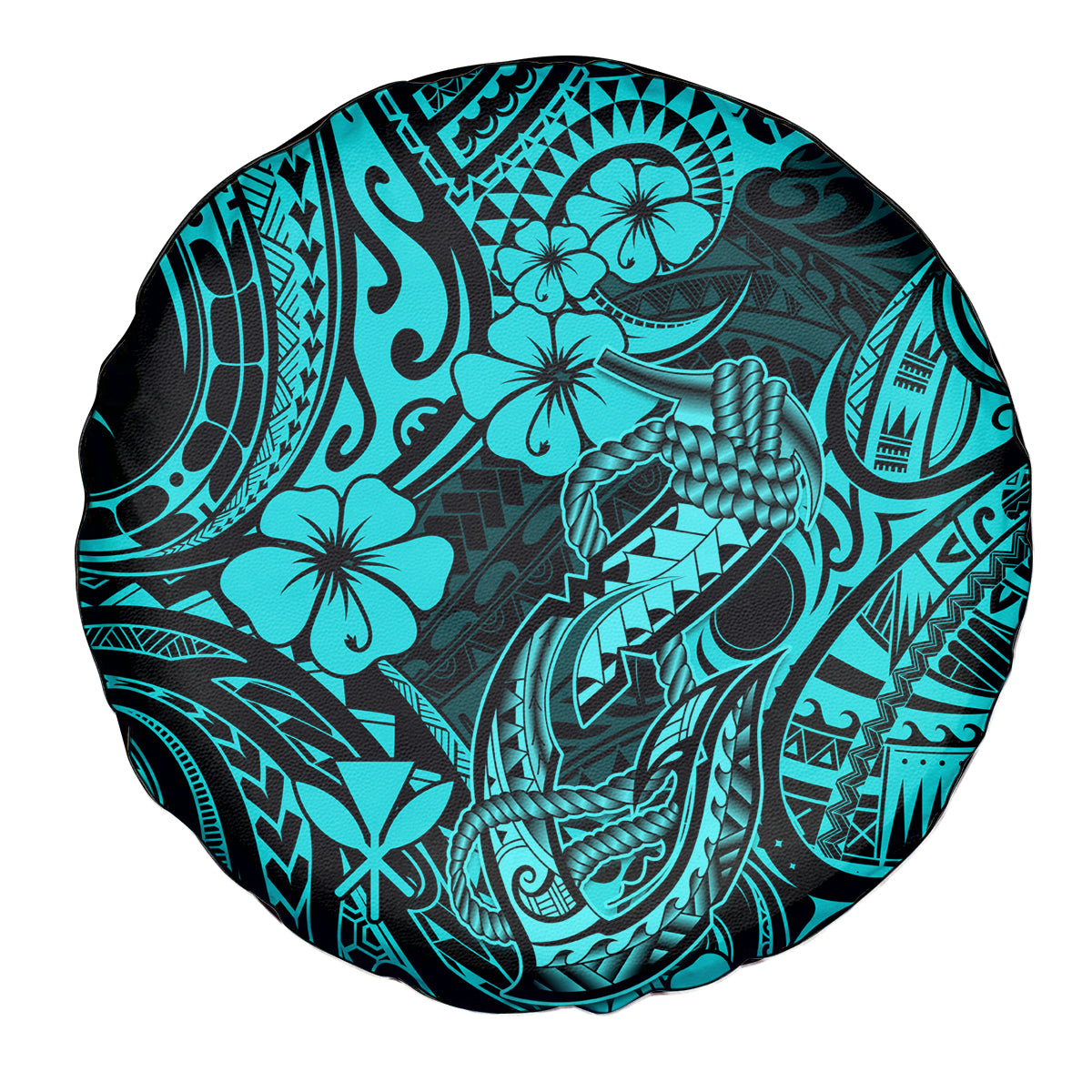 Hawaii Fish Hook Spare Tire Cover Hibiscus Hawaii Tribal Tattoo Turquoise Version LT01 Turquoise - Polynesian Pride