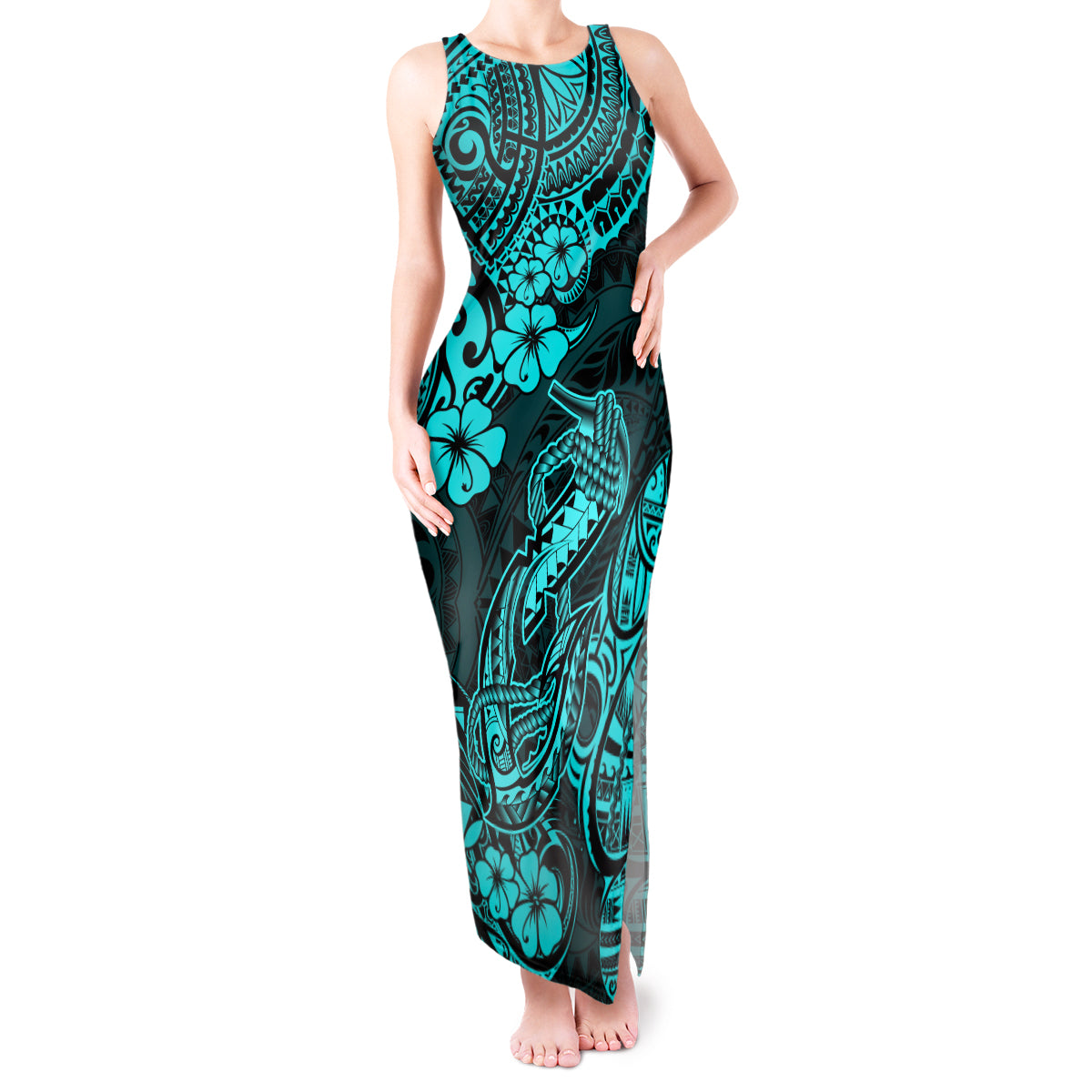 Hawaii Fish Hook Tank Maxi Dress Hibiscus Hawaii Tribal Tattoo Turquoise Version LT01 Women Turquoise - Polynesian Pride