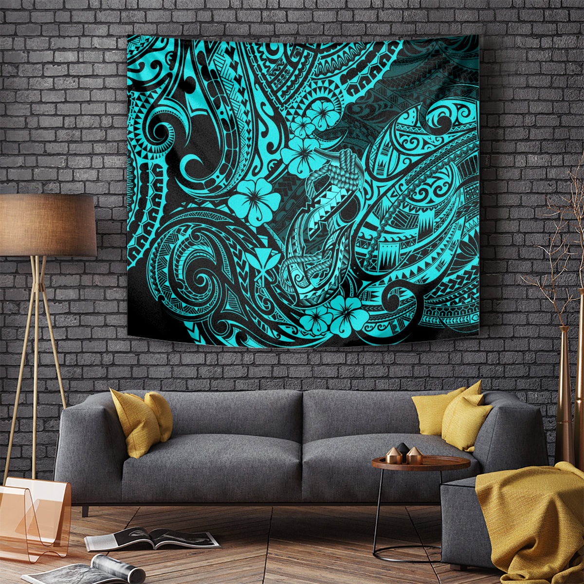 Hawaii Fish Hook Tapestry Hibiscus Hawaii Tribal Tattoo Turquoise Version LT01 Turquoise - Polynesian Pride