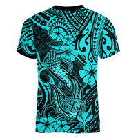 Hawaii Fish Hook Women V Neck T Shirt Hibiscus Hawaii Tribal Tattoo Turquoise Version LT01 - Polynesian Pride