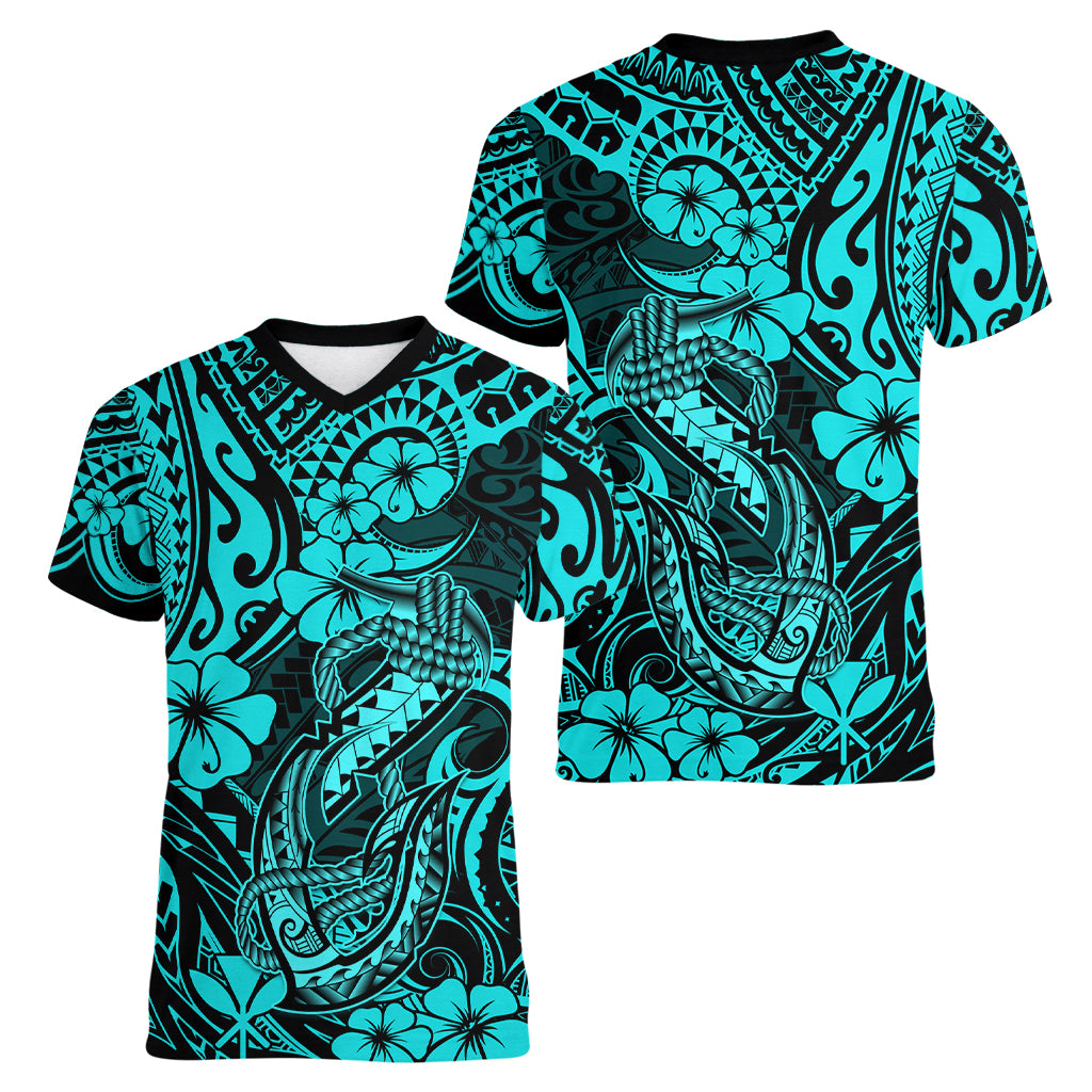 Hawaii Fish Hook Women V Neck T Shirt Hibiscus Hawaii Tribal Tattoo Turquoise Version LT01 - Polynesian Pride