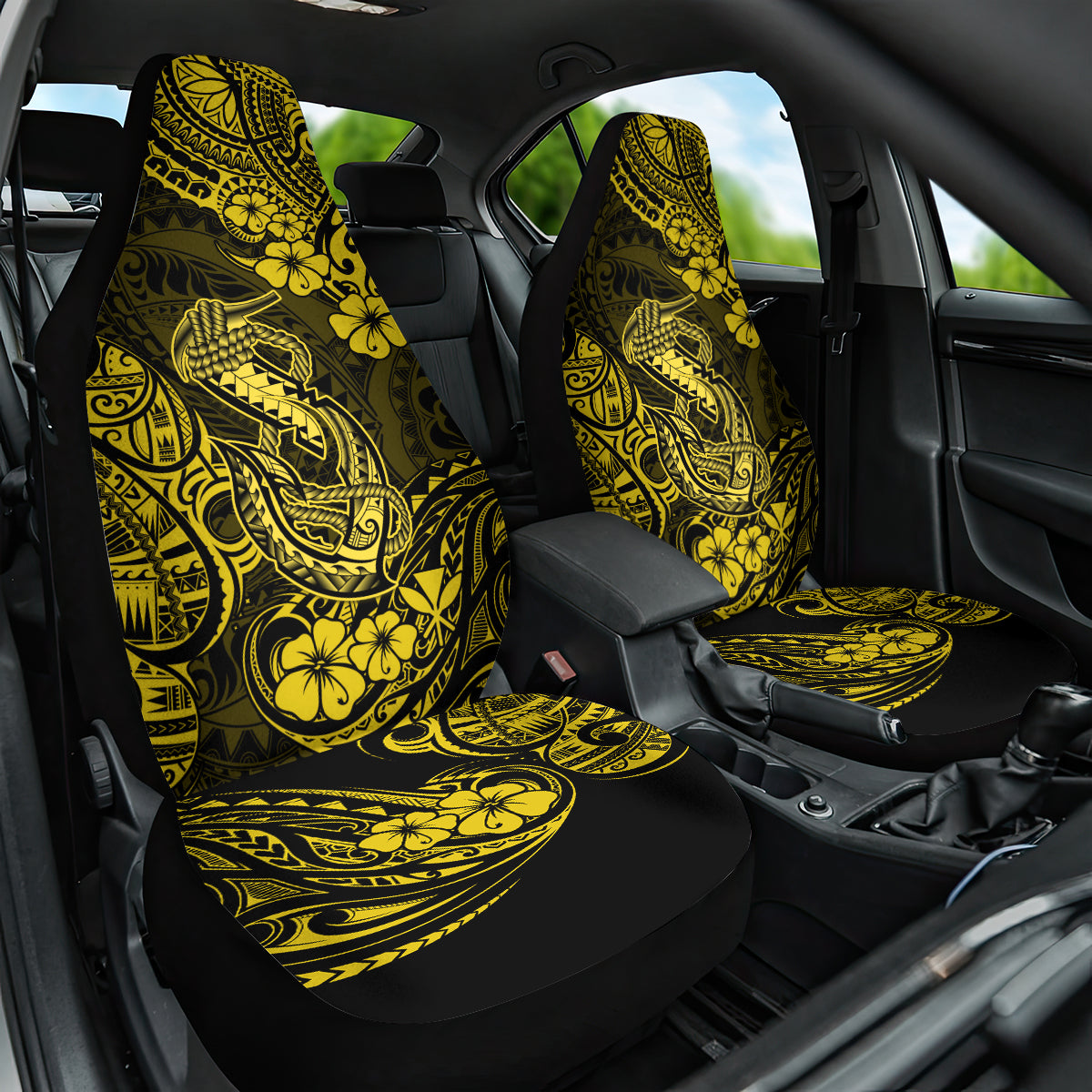 Hawaii Fish Hook Car Seat Cover Hibiscus Hawaii Tribal Tattoo Yellow Version LT01 One Size Yellow - Polynesian Pride