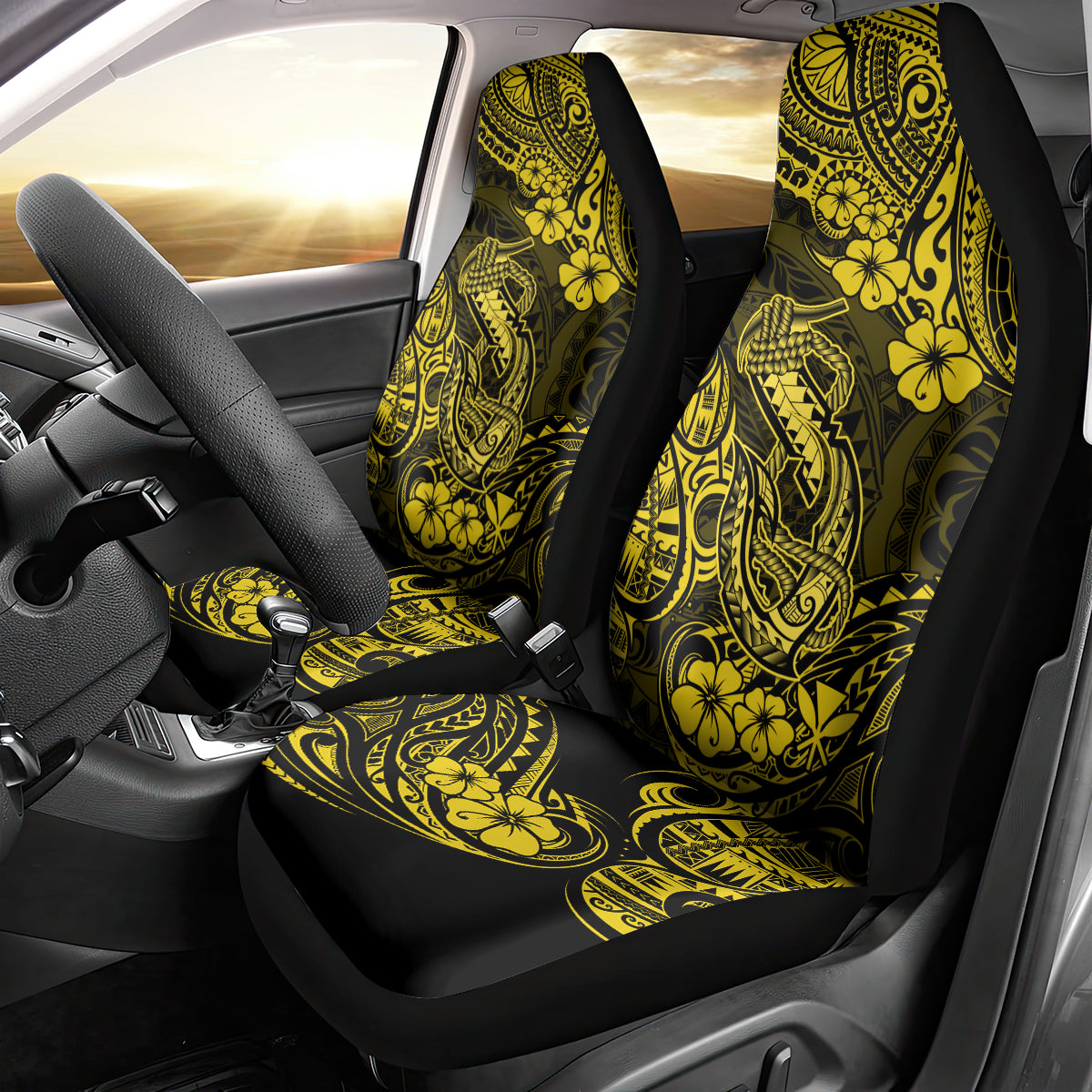 Hawaii Fish Hook Car Seat Cover Hibiscus Hawaii Tribal Tattoo Yellow Version LT01 - Polynesian Pride