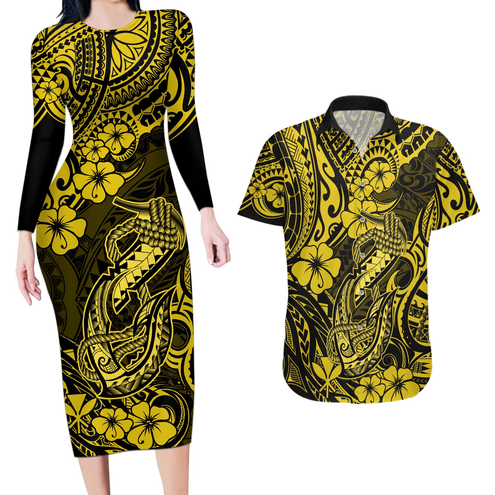 Hawaii Fish Hook Couples Matching Long Sleeve Bodycon Dress and Hawaiian Shirt Hibiscus Hawaii Tribal Tattoo Yellow Version LT01 Yellow - Polynesian Pride