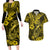 Hawaii Fish Hook Couples Matching Long Sleeve Bodycon Dress and Hawaiian Shirt Hibiscus Hawaii Tribal Tattoo Yellow Version LT01 Yellow - Polynesian Pride