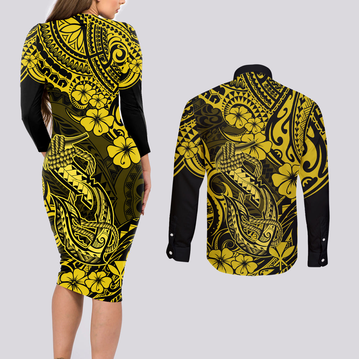 Hawaii Fish Hook Couples Matching Long Sleeve Bodycon Dress and Long Sleeve Button Shirts Hibiscus Hawaii Tribal Tattoo Yellow Version LT01 - Polynesian Pride