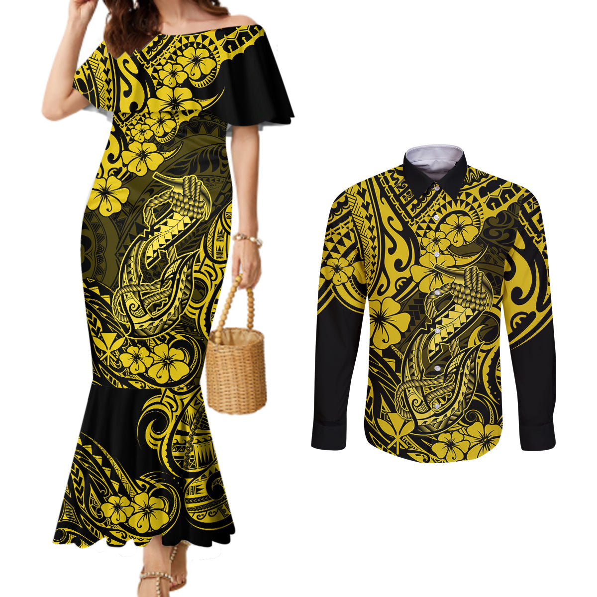 Hawaii Fish Hook Couples Matching Mermaid Dress and Long Sleeve Button Shirts Hibiscus Hawaii Tribal Tattoo Yellow Version LT01 Yellow - Polynesian Pride