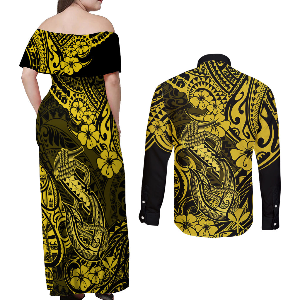 Hawaii Fish Hook Couples Matching Off Shoulder Maxi Dress and Long Sleeve Button Shirts Hibiscus Hawaii Tribal Tattoo Yellow Version LT01 - Polynesian Pride