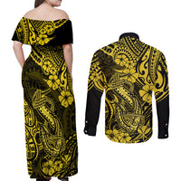 Hawaii Fish Hook Couples Matching Off Shoulder Maxi Dress and Long Sleeve Button Shirts Hibiscus Hawaii Tribal Tattoo Yellow Version LT01 - Polynesian Pride
