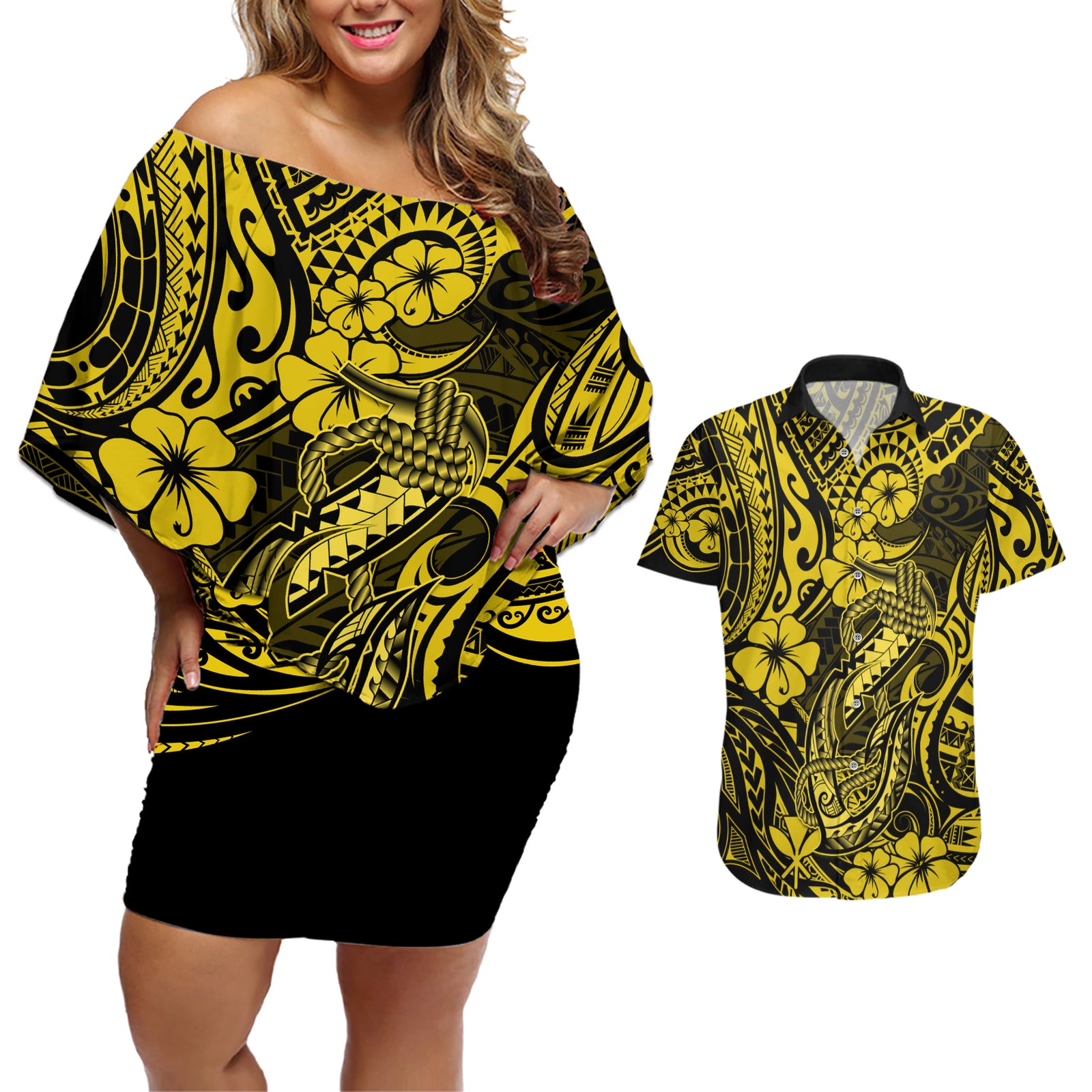 Hawaii Fish Hook Couples Matching Off Shoulder Short Dress and Hawaiian Shirt Hibiscus Hawaii Tribal Tattoo Yellow Version LT01 Yellow - Polynesian Pride