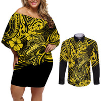 Hawaii Fish Hook Couples Matching Off Shoulder Short Dress and Long Sleeve Button Shirts Hibiscus Hawaii Tribal Tattoo Yellow Version LT01 Yellow - Polynesian Pride