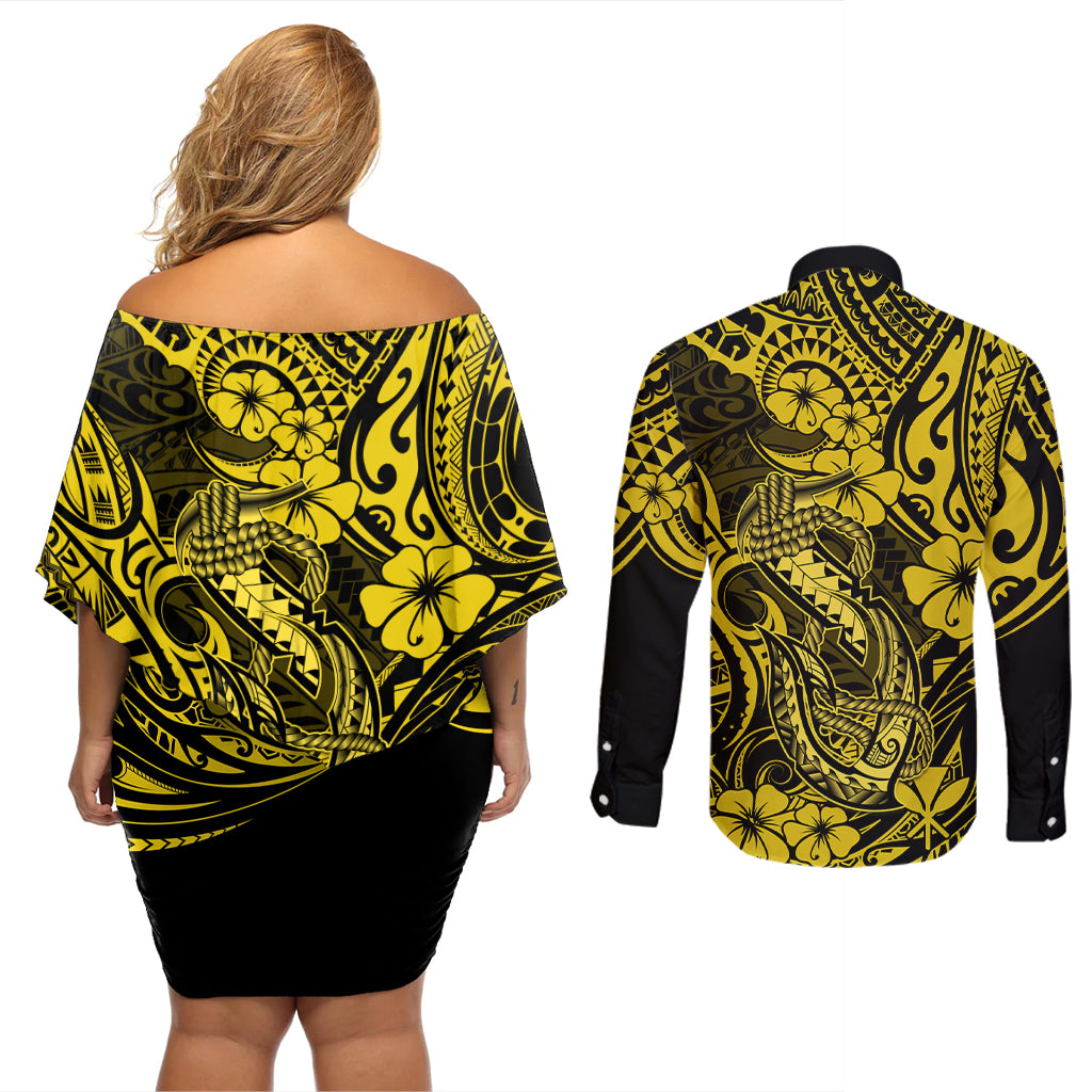 Hawaii Fish Hook Couples Matching Off Shoulder Short Dress and Long Sleeve Button Shirts Hibiscus Hawaii Tribal Tattoo Yellow Version LT01 - Polynesian Pride