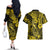 Hawaii Fish Hook Couples Matching Off The Shoulder Long Sleeve Dress and Hawaiian Shirt Hibiscus Hawaii Tribal Tattoo Yellow Version LT01 - Polynesian Pride