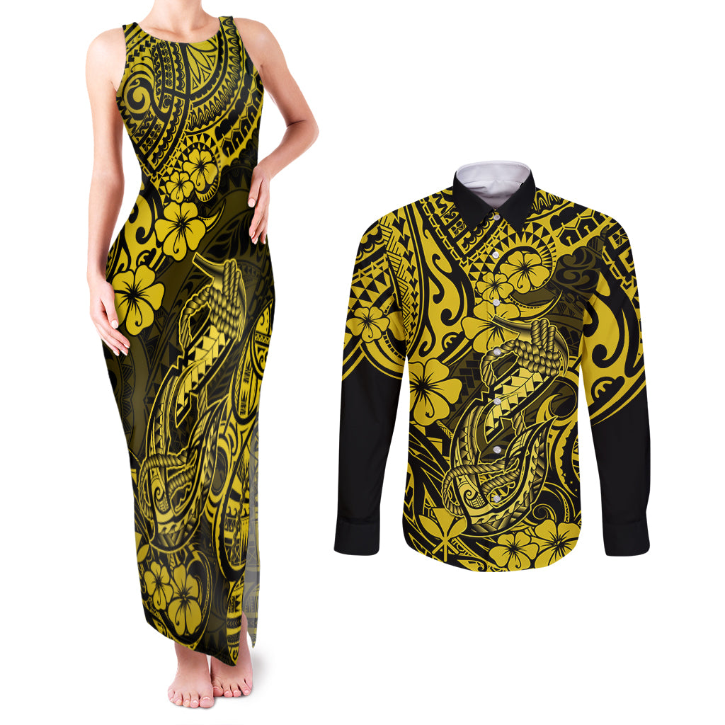 Hawaii Fish Hook Couples Matching Tank Maxi Dress and Long Sleeve Button Shirts Hibiscus Hawaii Tribal Tattoo Yellow Version LT01 Yellow - Polynesian Pride