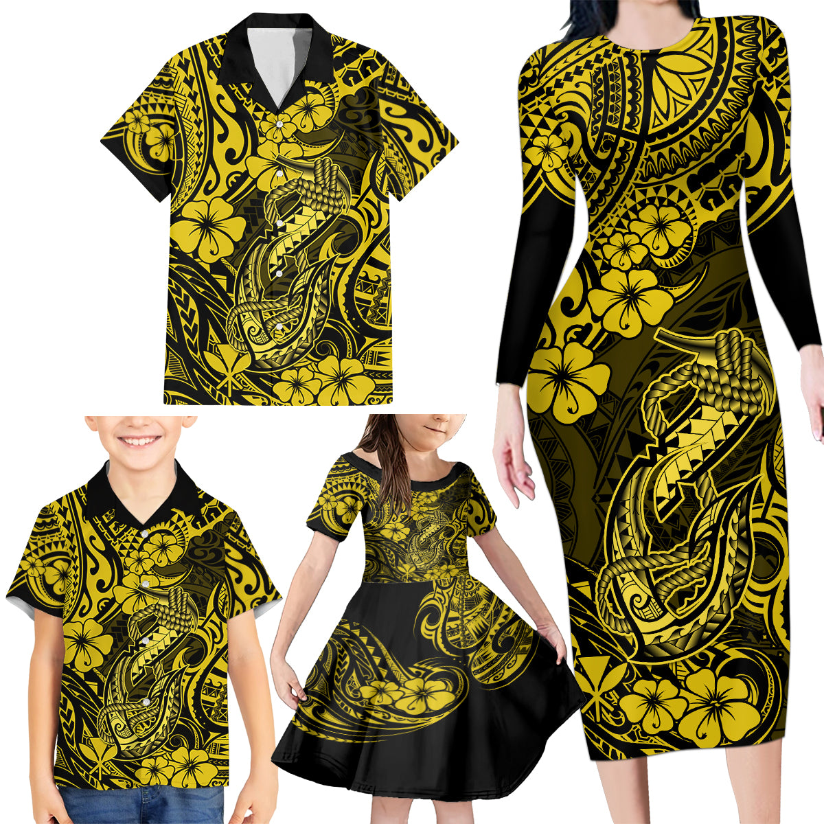 Hawaii Fish Hook Family Matching Long Sleeve Bodycon Dress and Hawaiian Shirt Hibiscus Hawaii Tribal Tattoo Yellow Version LT01 - Polynesian Pride