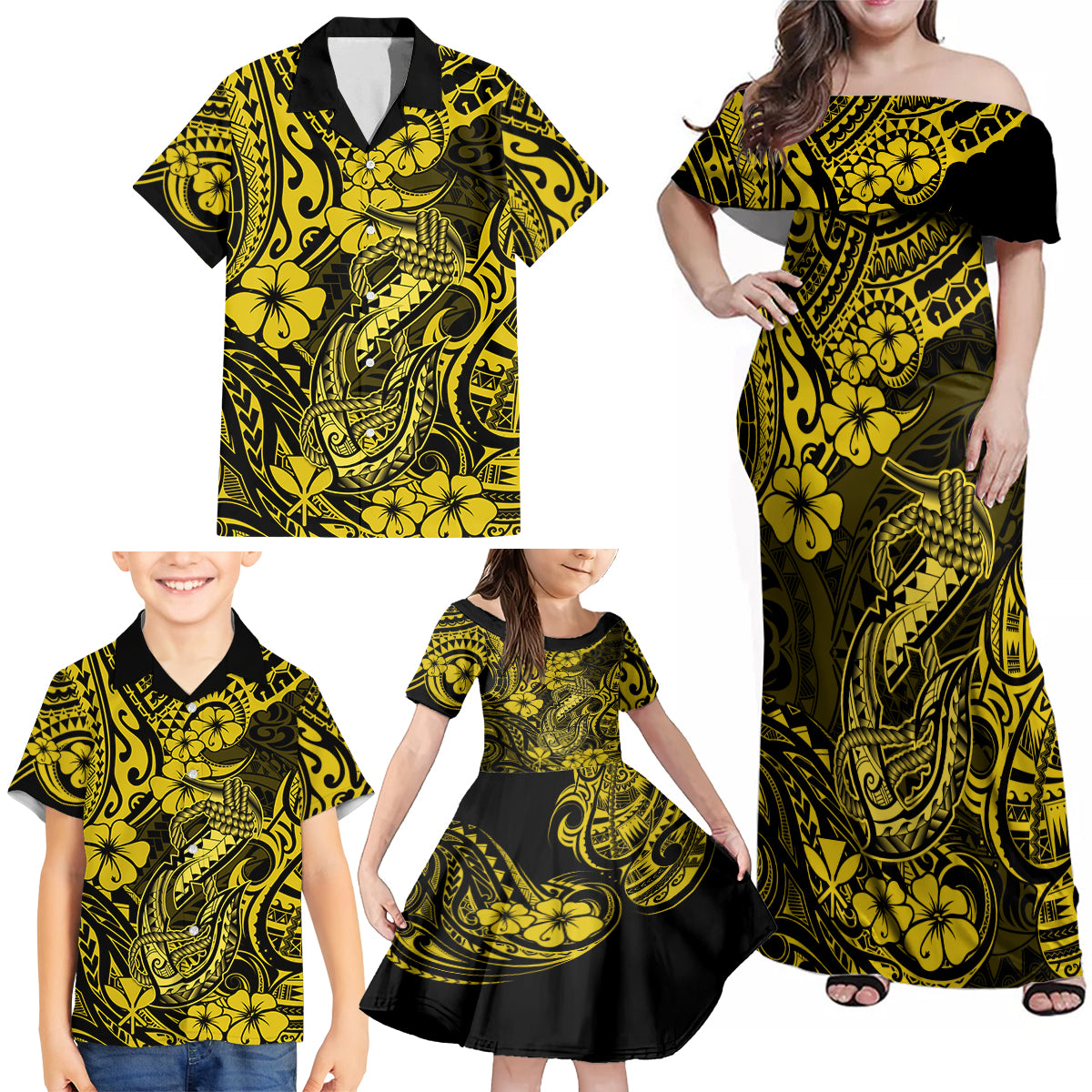 Hawaii Fish Hook Family Matching Off Shoulder Maxi Dress and Hawaiian Shirt Hibiscus Hawaii Tribal Tattoo Yellow Version LT01 - Polynesian Pride