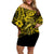 Hawaii Fish Hook Family Matching Off Shoulder Short Dress and Hawaiian Shirt Hibiscus Hawaii Tribal Tattoo Yellow Version LT01 Mom's Dress Yellow - Polynesian Pride