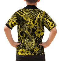 Hawaii Fish Hook Family Matching Puletasi Dress and Hawaiian Shirt Hibiscus Hawaii Tribal Tattoo Yellow Version LT01 - Polynesian Pride