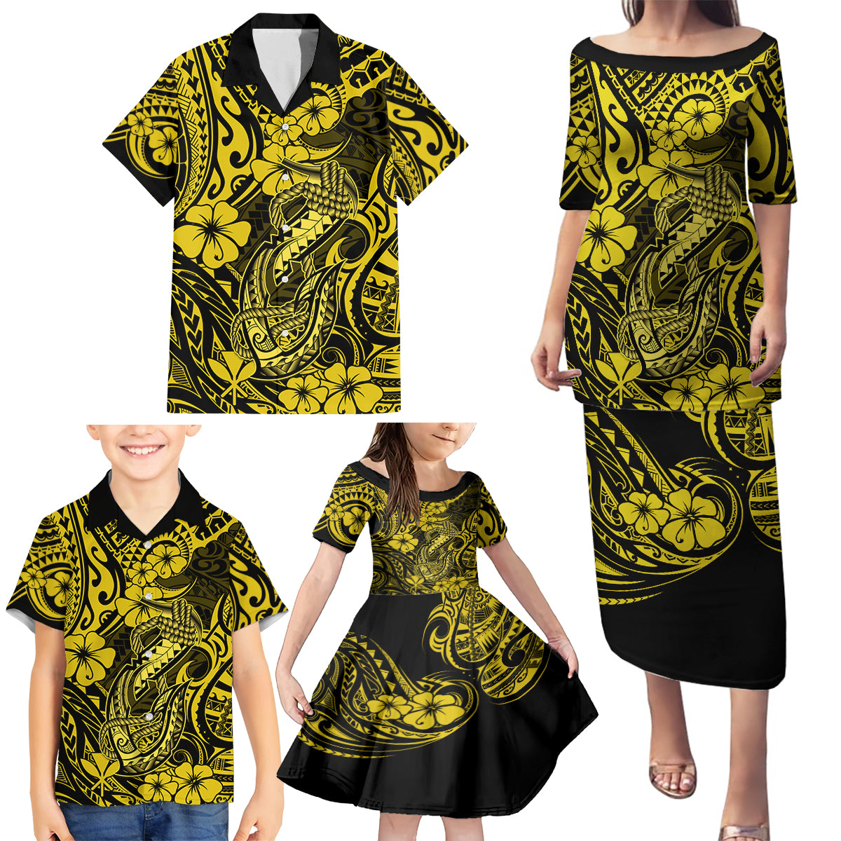 Hawaii Fish Hook Family Matching Puletasi Dress and Hawaiian Shirt Hibiscus Hawaii Tribal Tattoo Yellow Version LT01 - Polynesian Pride