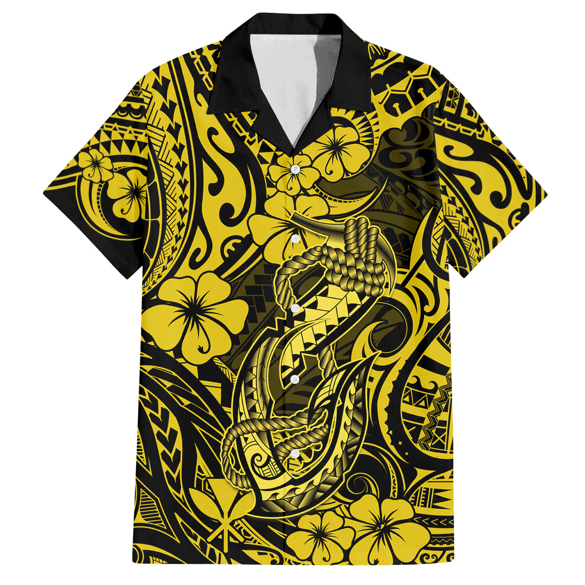 Hawaii Fish Hook Family Matching Summer Maxi Dress and Hawaiian Shirt Hibiscus Hawaii Tribal Tattoo Yellow Version LT01 Dad's Shirt - Short Sleeve Yellow - Polynesian Pride