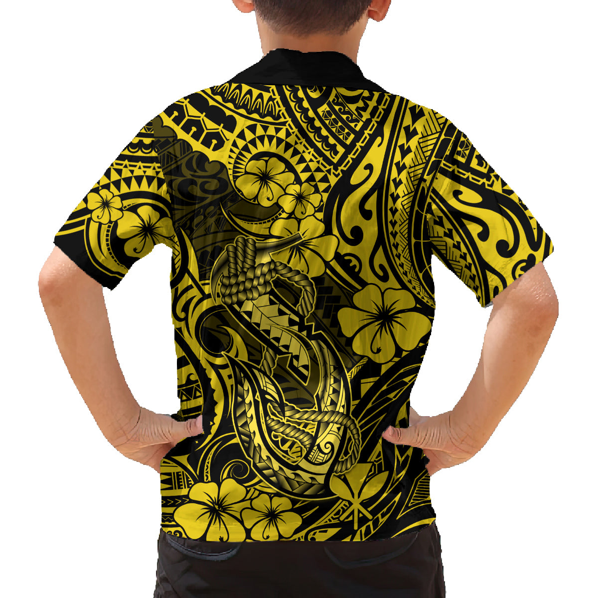 Hawaii Fish Hook Family Matching Tank Maxi Dress and Hawaiian Shirt Hibiscus Hawaii Tribal Tattoo Yellow Version LT01 - Polynesian Pride