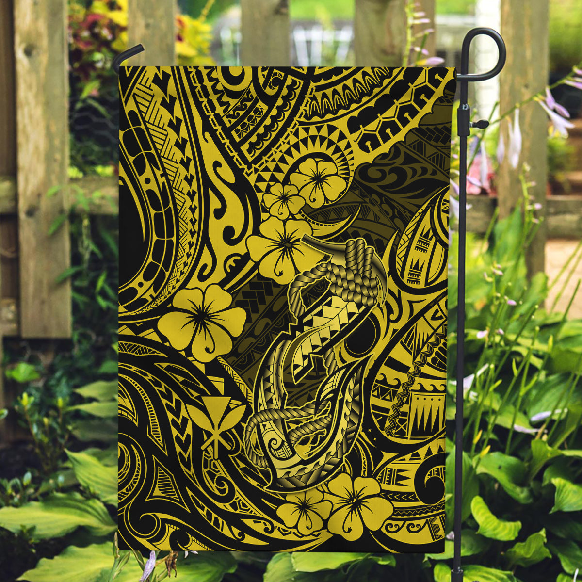 Hawaii Fish Hook Garden Flag Hibiscus Hawaii Tribal Tattoo Yellow Version LT01 Garden Flag Yellow - Polynesian Pride