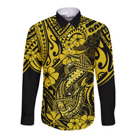 Hawaii Fish Hook Long Sleeve Button Shirt Hibiscus Hawaii Tribal Tattoo Yellow Version LT01 Unisex Yellow - Polynesian Pride